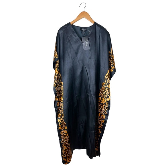 NWT Winlar Goddess Kaftan House Dress Beach MuMu OS Fits Most Black Gold Satin - Picture 1 of 8